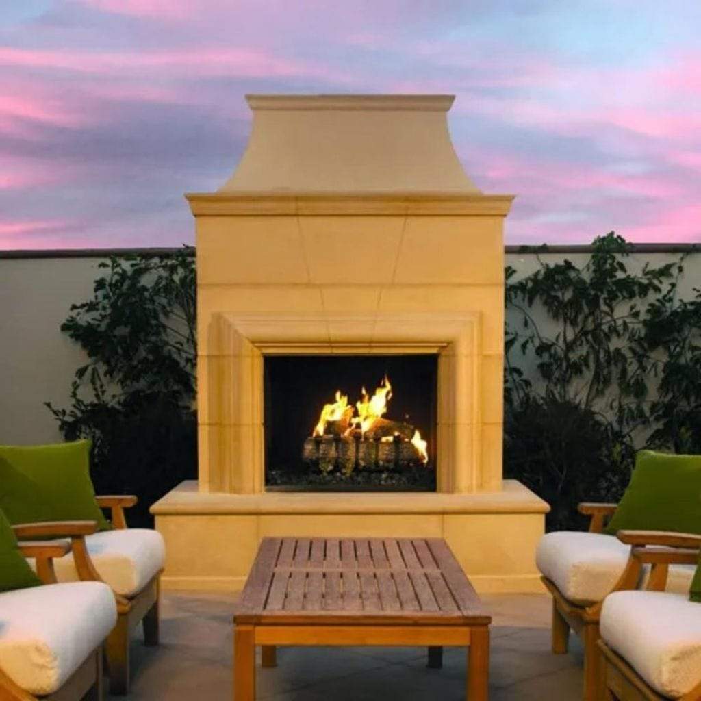 Outdoor Gas Fireplace 16” Rectangle Bullnose / White Aspen / Key Valve on the RIGHT / Gas Source out the BACK American Fyre Designs 76" Cordova Vent Free Recessed Hearth Gas Fireplace
