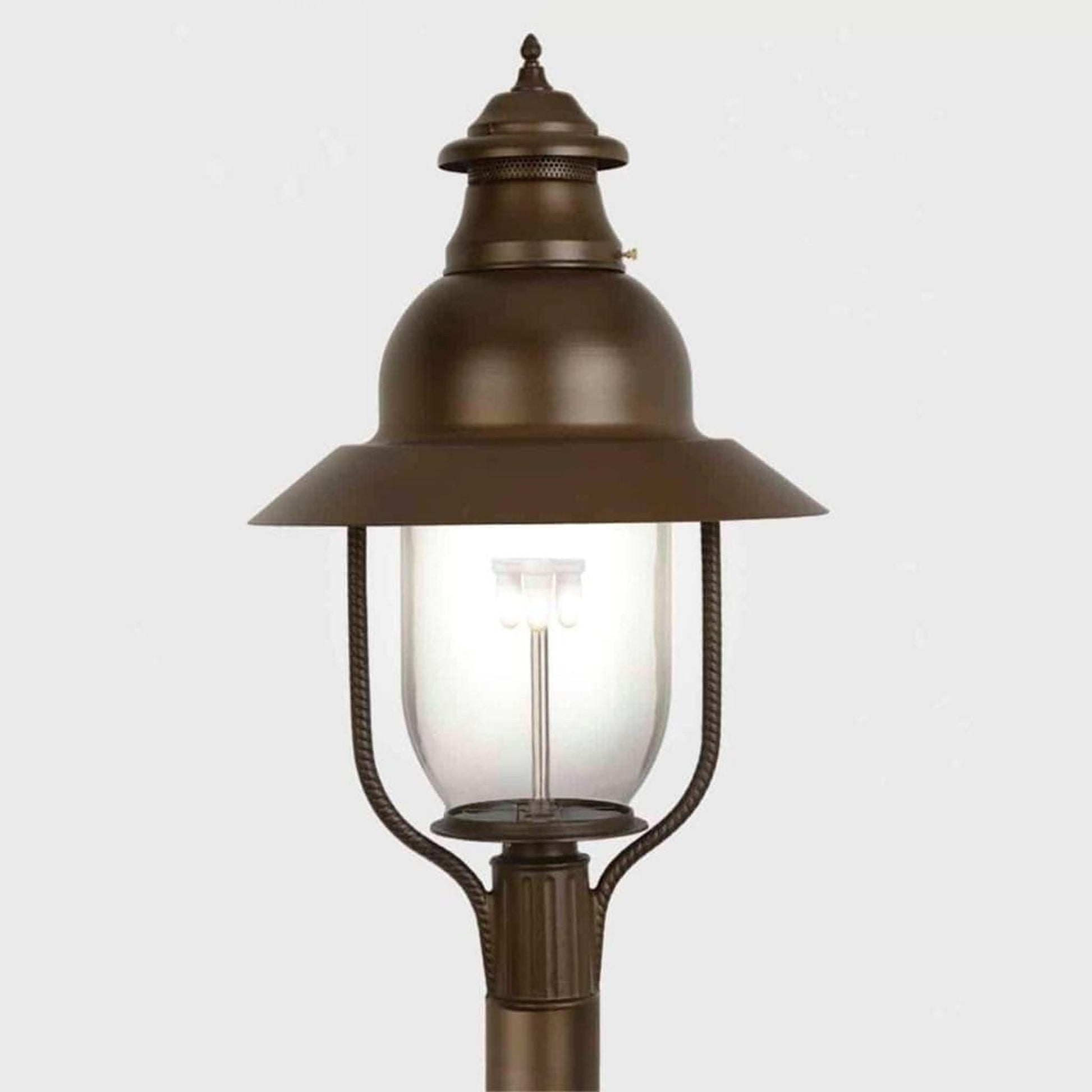 American Gas Lamp Works Apollo 4300H 21" Mid-Size Timeless Black Post Mount Aluminum Natural Gas Lamp With Dual Inverted Gas Mantle Light Assembly, Clear Glass Globe and Spun Aluminum Ventilator