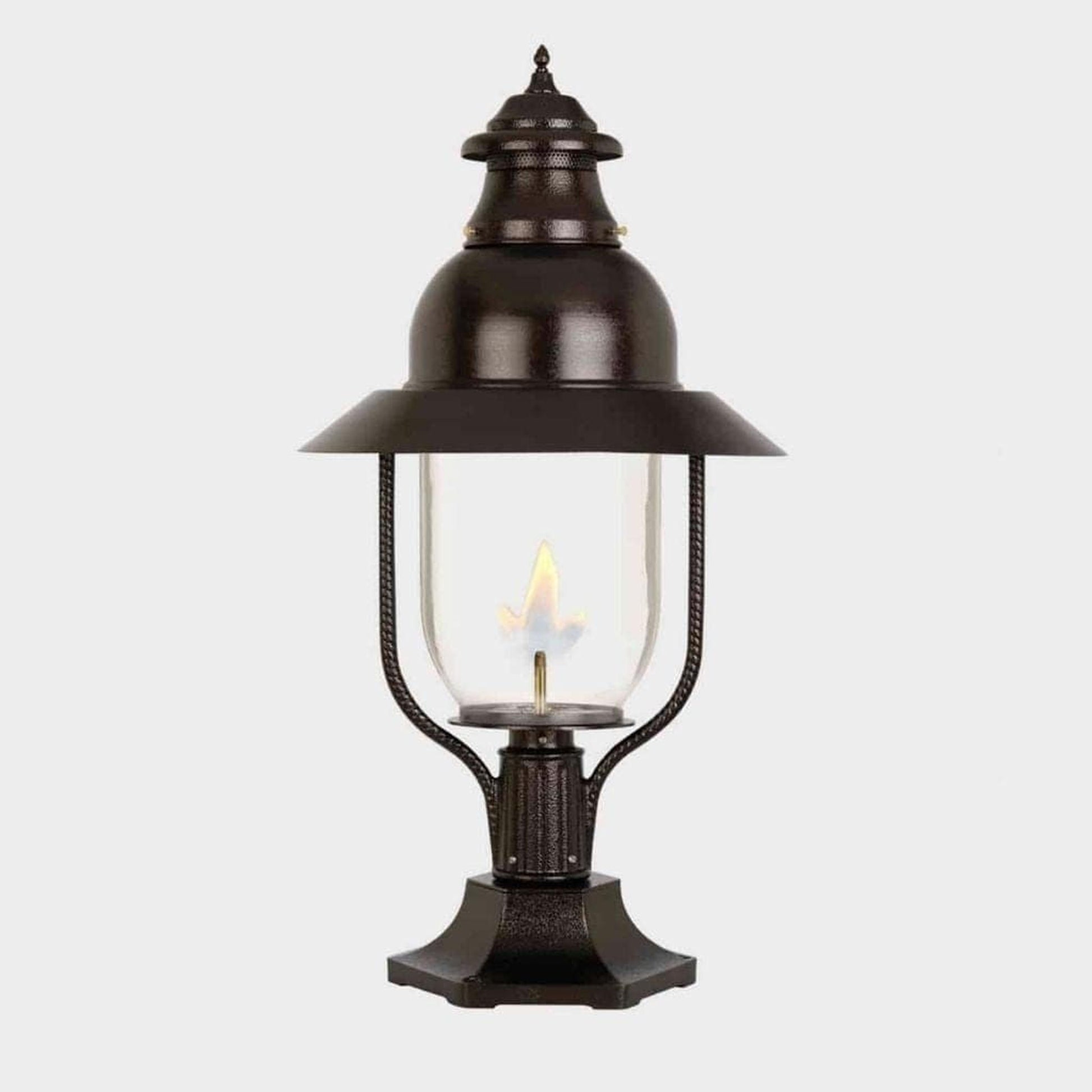 American Gas Lamp Works Apollo 4300R 21" Mid-Size Timeless Black Pier Mount Aluminum Natural Gas Lamp With Dual Inverted Gas Mantle Light Assembly, Clear Glass Globe and Spun Aluminum Ventilator