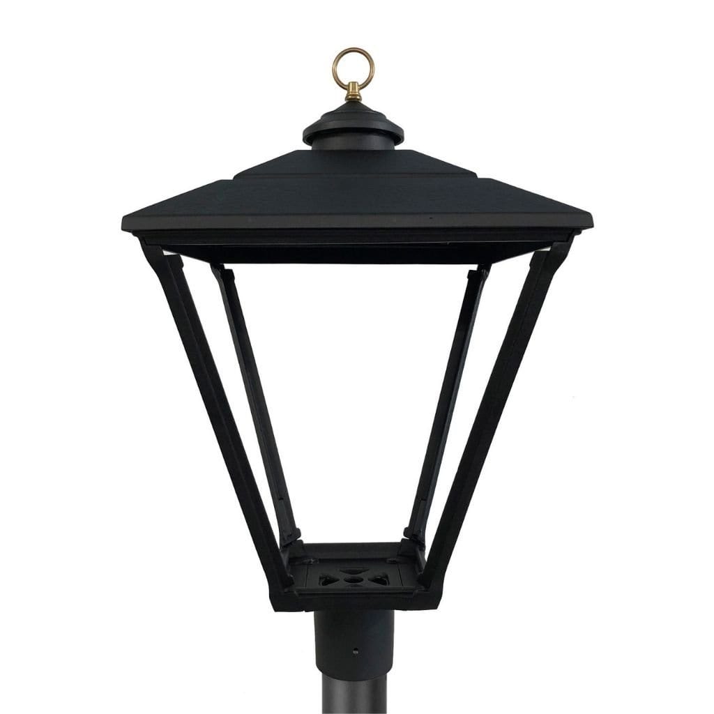 American Gas Lamp Works Baldwin 3800H 17" Mid-Size Charcoal Gray Post Mount Aluminum Propane Gas Lamp With Triple Inverted Gas Mantle Light Assembly, Flat Tempered Glass Panes and Loop Finial