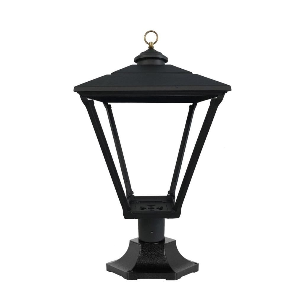American Gas Lamp Works Baldwin 3800R 17" Mid-Size Charcoal Gray Pier Mount Aluminum Natural Gas Lamp With Single Open Flame Burner With Electric Igniter Light Assembly, Flat Tempered Glass Panes and Spike Finial