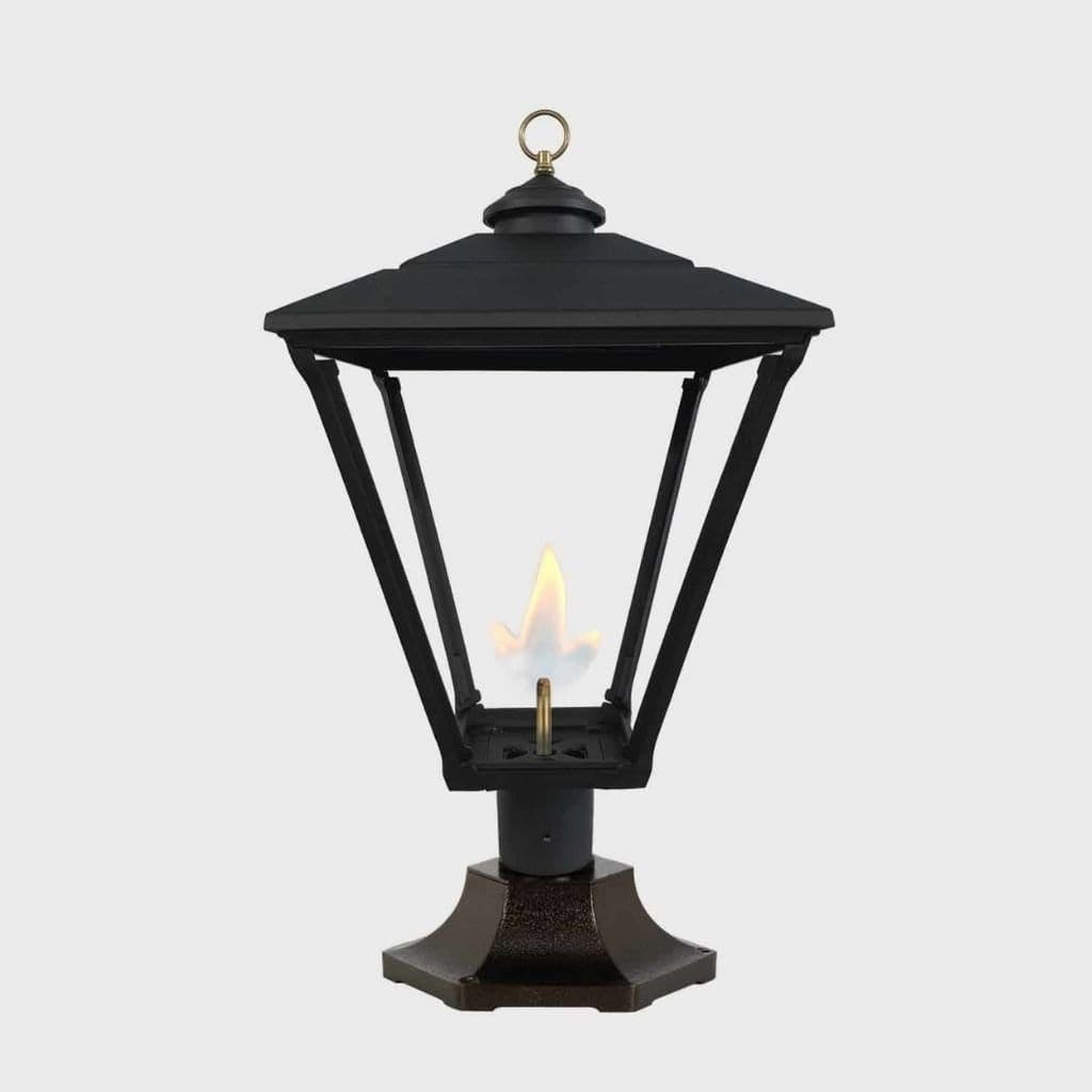 American Gas Lamp Works Baldwin 3800R 17" Mid-Size Timeless Black Pier Mount Aluminum Propane Gas Lamp With Dual Inverted Gas Mantle Light Assembly, Flat Tempered Glass Panes and Small Brass Ball Finial