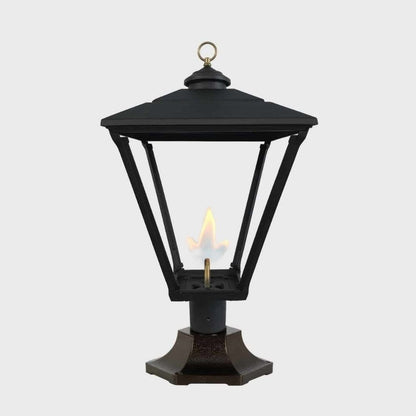 American Gas Lamp Works Baldwin 3800R 17" Mid-Size Weather Green Pier Mount Aluminum Natural Gas Lamp With Single Open Flame Burner With Electric Igniter Light Assembly, Flat Tempered Glass Panes and Brass Plated Acorn Finial