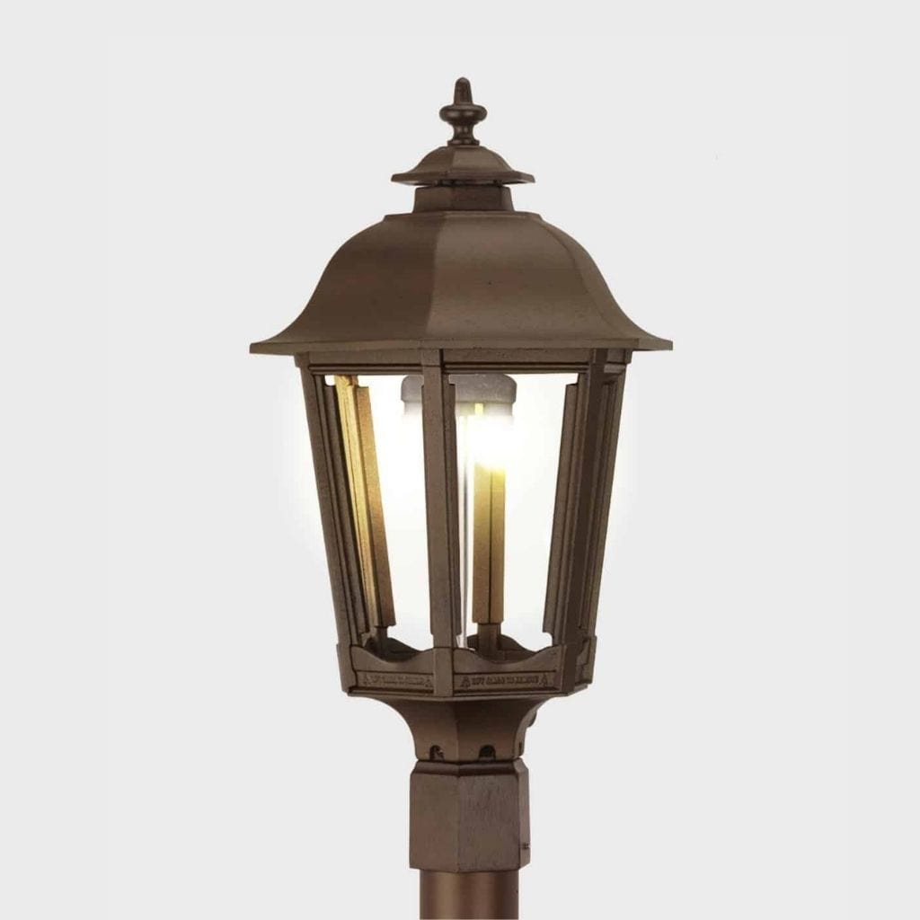 American Gas Lamp Works Bavarian 1200H 14" Noble Bronze Residential Post Mount Aluminum Natural Gas Lamp With Dual Open Flame Burner Light Assembly, Frosted Tempered Glass Panes and Brass Plated Acorn Finial