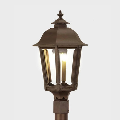 American Gas Lamp Works Bavarian 1200H 14" Noble Bronze Residential Post Mount Aluminum Natural Gas Lamp With Dual Open Flame Burner Light Assembly, Frosted Tempered Glass Panes and Brass Plated Acorn Finial