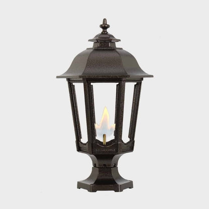 American Gas Lamp Works Bavarian 1200R 14" Noble Bronze Residential Pier Mount Aluminum Natural Gas Lamp With Single Open Flame Burner Light Assembly, Frosted Tempered Glass Panes and Acorn Finial