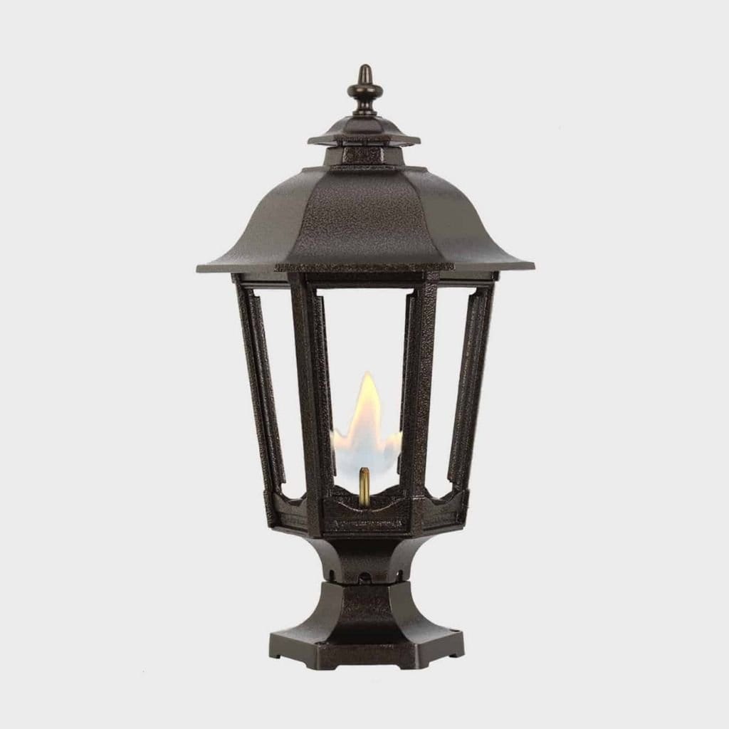 American Gas Lamp Works Bavarian 1200R 14" Nouveau Silver Residential Pier Mount Aluminum Natural Gas Lamp With Lamplighter Electric Igniter Light Assembly, Beveled Tempered Glass Panes and Universal Finial
