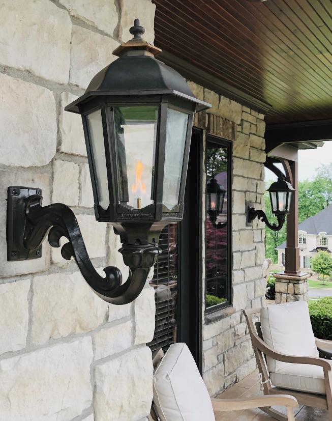 American Gas Lamp Works Bavarian 1200W 21" Noble Bronze Residential Wall Mount Aluminum Natural Gas Lamp With Single Upright Gas Mantle Light Assembly, Flat Tempered Glass Panes and Fleur De Lis Finial