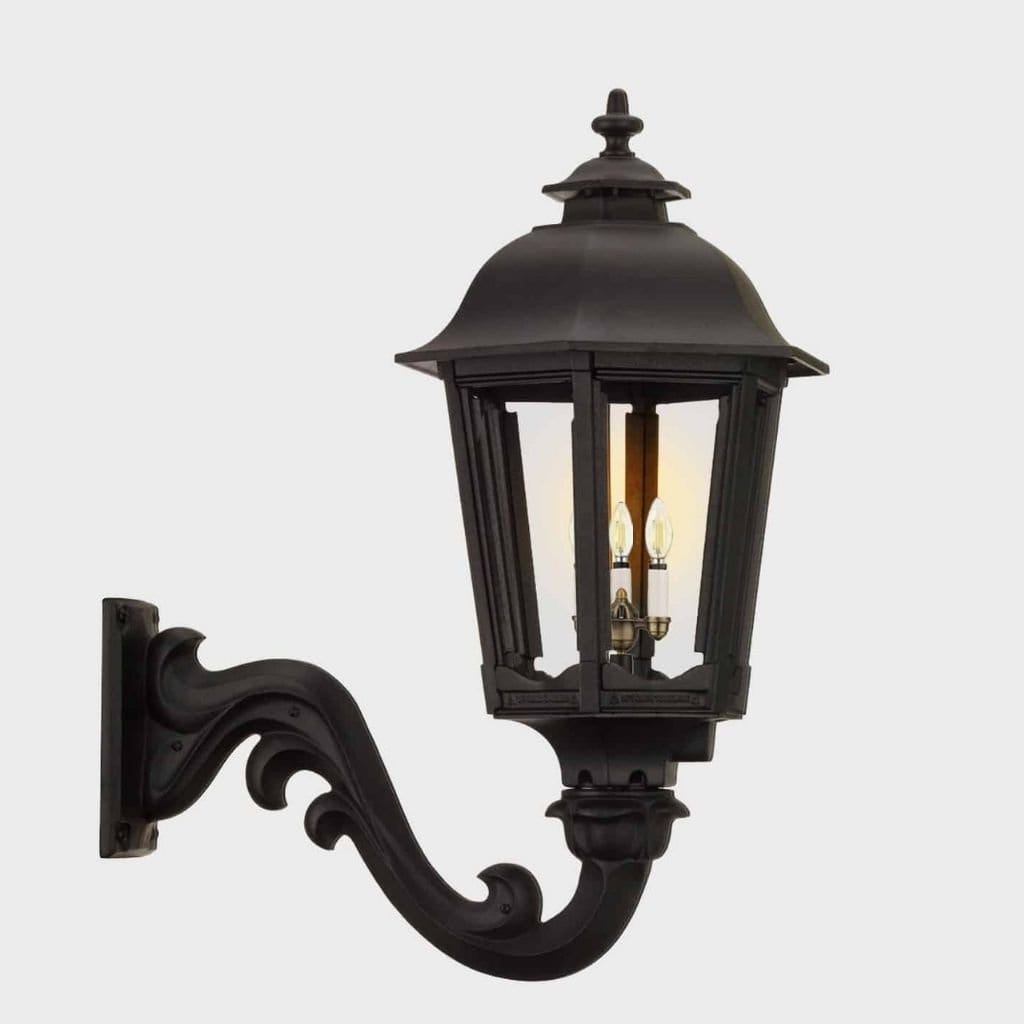 American Gas Lamp Works Bavarian 1200W 21" Timeless Black Residential Wall Mount Aluminum Natural Gas Lamp With Single Upright Gas Mantle Light Assembly, Beveled Tempered Glass Panes and Brass Urn Finial
