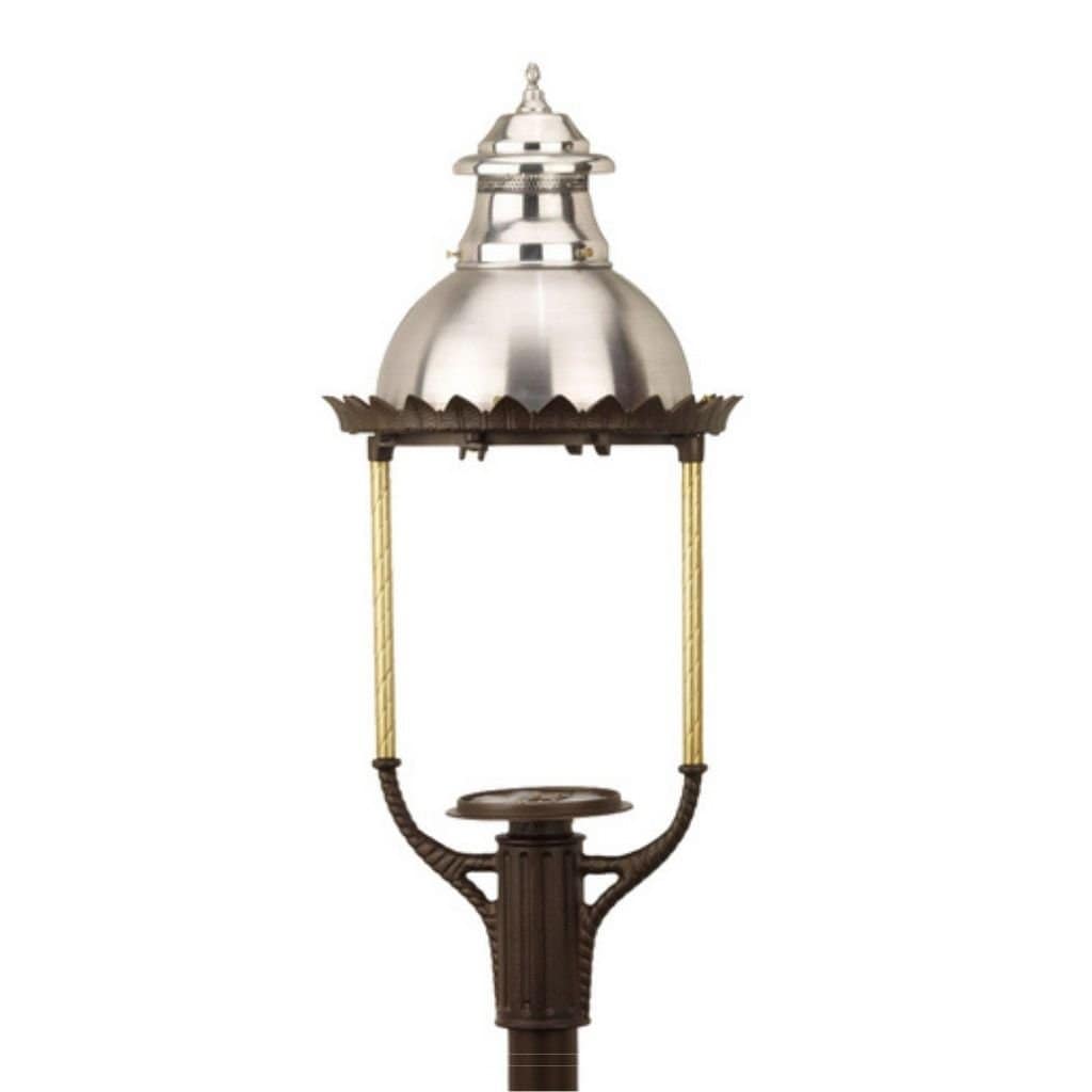 American Gas Lamp Works Boulevard 3600H 18" Nouveau Silver Estate Post Mount Aluminum Natural Gas Lamp With Dual Inverted Gas Mantle Light Assembly, Milk Glass Globe, Ventilator, Dome, and Brass Side Arms