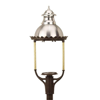 American Gas Lamp Works Boulevard 3600H 18" Nouveau Silver Estate Post Mount Aluminum Natural Gas Lamp With Dual Inverted Gas Mantle Light Assembly, Milk Glass Globe, Ventilator, Dome, and Brass Side Arms