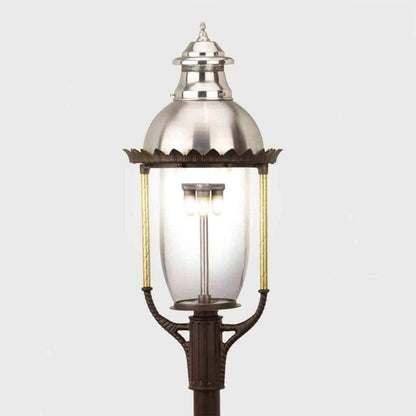 American Gas Lamp Works Boulevard 3600H 18" Nouveau Silver Estate Post Mount Aluminum Natural Gas Lamp With Dual Inverted Gas Mantle Light Assembly, Milk Glass Globe, Ventilator, Dome, and Brass Side Arms