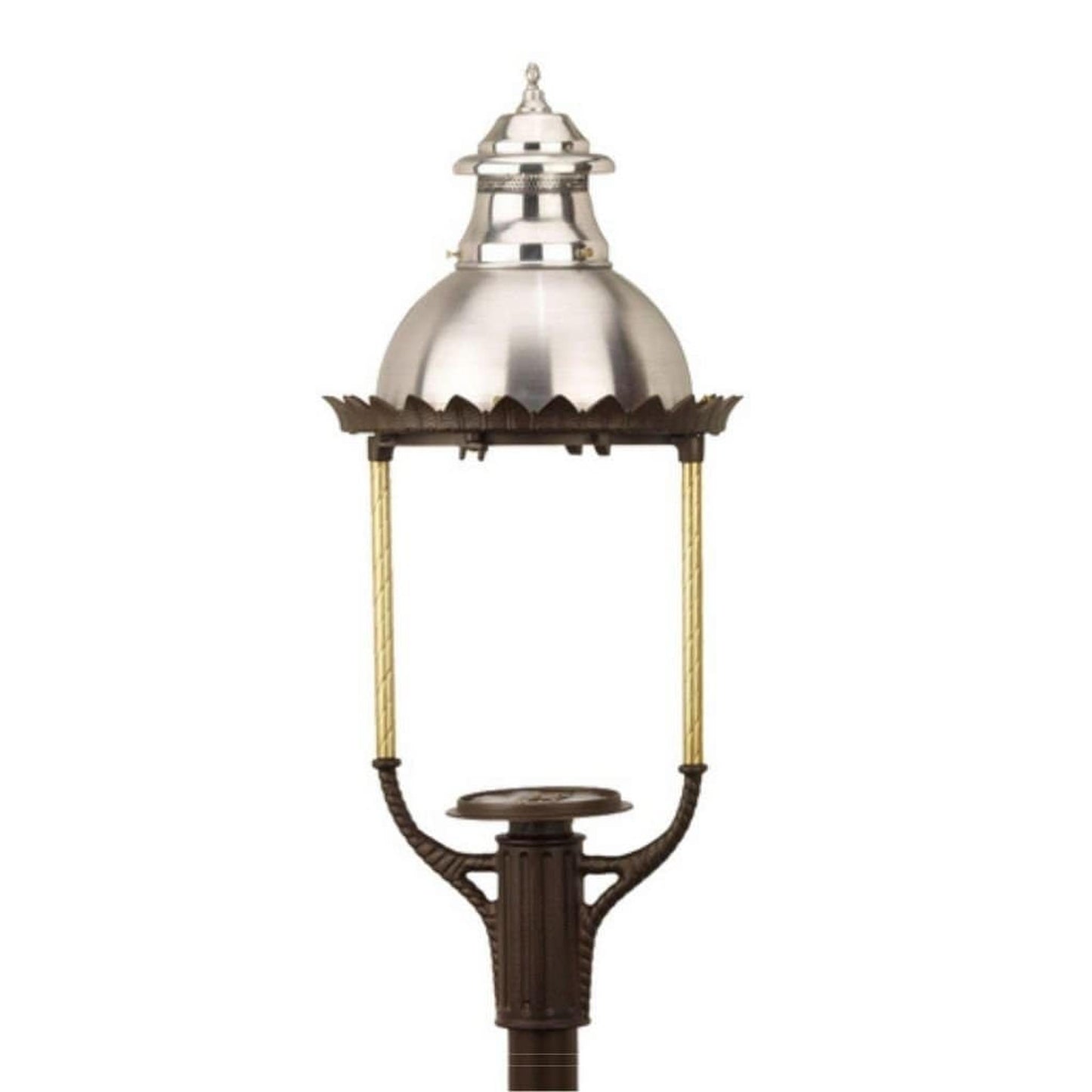 American Gas Lamp Works Boulevard 3600H 18" Timeless Black Estate Post Mount Aluminum Natural Gas Lamp With Dual Inverted Gas Mantle Light Assembly, Clear Glass Globe, Spun Aluminum Ventilator, Milk Glass Dome and Brass Side Arms