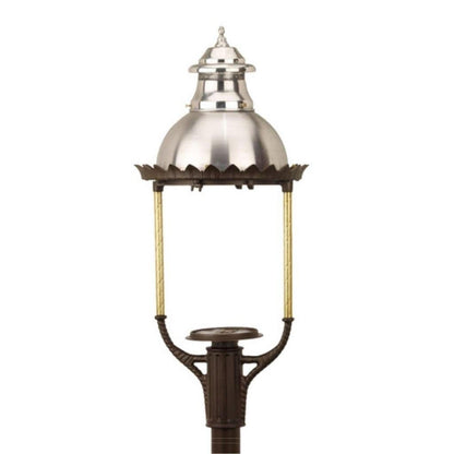 American Gas Lamp Works Boulevard 3600H 18" Timeless Black Estate Post Mount Aluminum Natural Gas Lamp With Dual Inverted Gas Mantle Light Assembly, Clear Glass Globe, Spun Aluminum Ventilator, Milk Glass Dome and Brass Side Arms