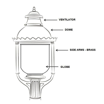 American Gas Lamp Works Boulevard 3600H 18" Timeless Black Estate Post Mount Aluminum Natural Gas Lamp With Dual Inverted Gas Mantle Light Assembly, Clear Glass Globe, Spun Aluminum Ventilator, Milk Glass Dome and Brass Side Arms