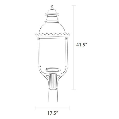 American Gas Lamp Works Boulevard 3600H 18" Timeless Black Estate Post Mount Aluminum Natural Gas Lamp With Dual Inverted Gas Mantle Light Assembly, Clear Glass Globe, Spun Aluminum Ventilator, Milk Glass Dome and Brass Side Arms
