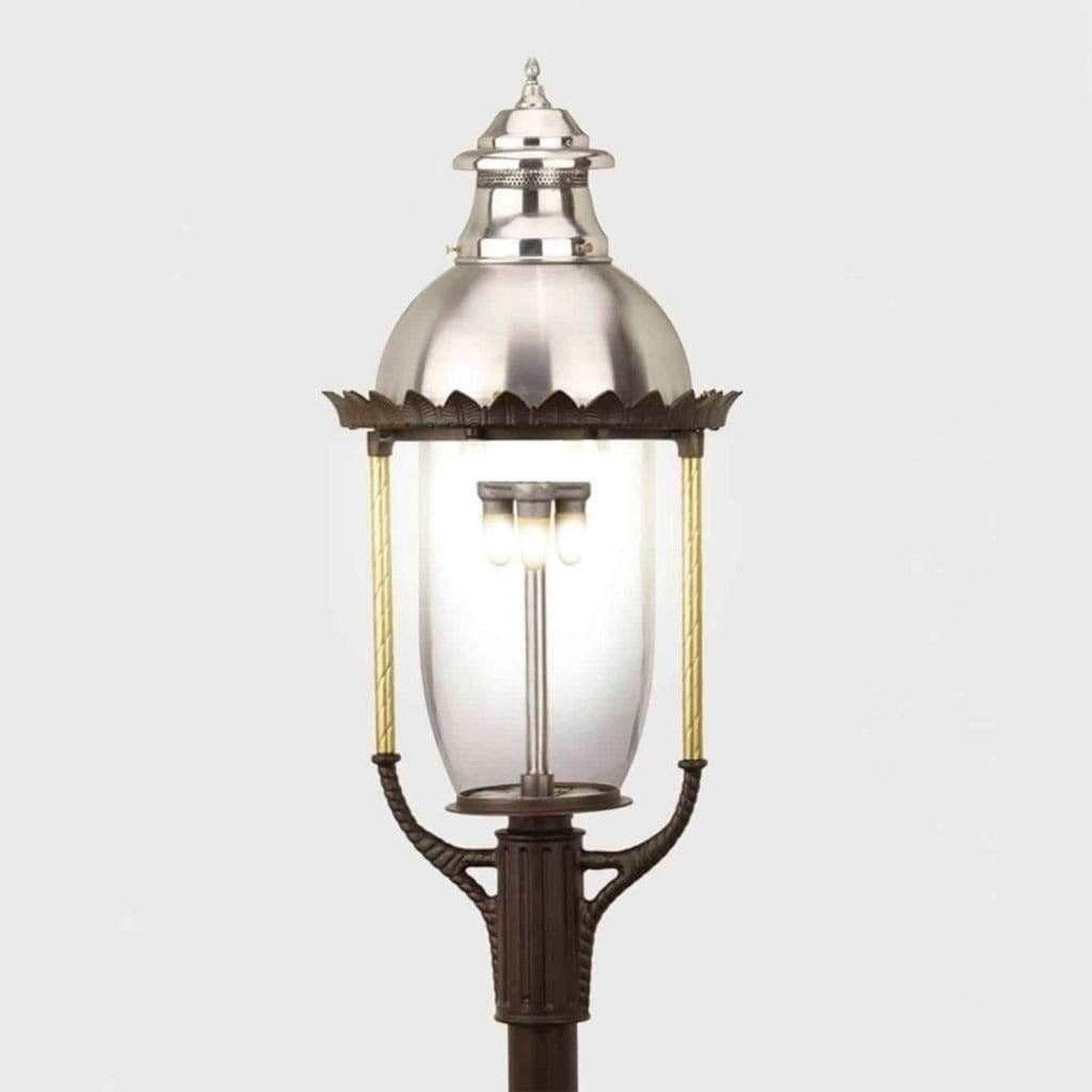 American Gas Lamp Works Boulevard 3600H 18" Timeless Black Estate Post Mount Aluminum Natural Gas Lamp With Dual Inverted Gas Mantle Light Assembly, Clear Glass Globe, Spun Aluminum Ventilator, Milk Glass Dome and Brass Side Arms