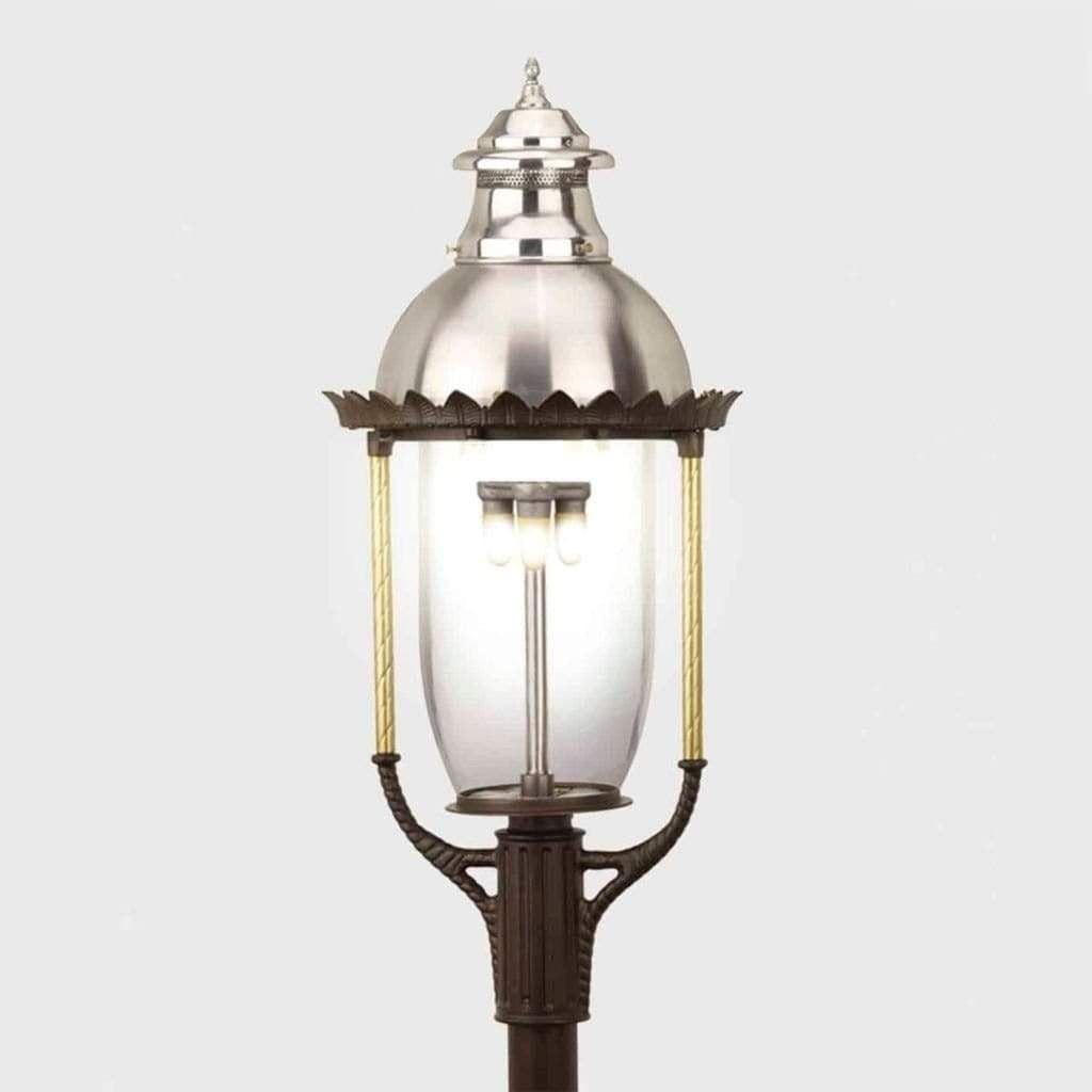 American Gas Lamp Works Boulevard 3600H 18" White Estate Post Mount Aluminum Natural Gas Lamp With Dual Open Flame Burner Light Assembly, Clear Glass Globe, Ventilator, Milk Glass Dome and Brass Side Arms