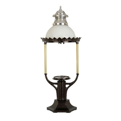 American Gas Lamp Works Boulevard 3600R 18" Noble Bronze Estate Pier Mount Aluminum Natural Gas Lamp With Triple Inverted Gas Mantle Light Assembly, Milk Glass Globe, Ventilator, Spun Aluminum Dome, and Brass Side Arms