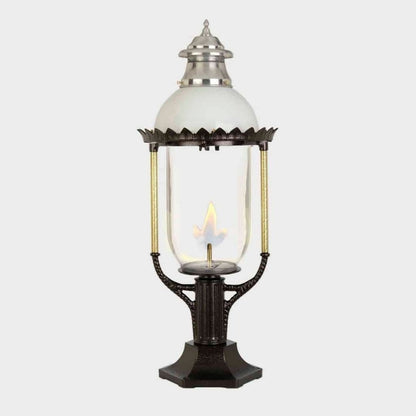 American Gas Lamp Works Boulevard 3600R 18" Noble Bronze Estate Pier Mount Aluminum Natural Gas Lamp With Triple Inverted Gas Mantle Light Assembly, Milk Glass Globe, Ventilator, Spun Aluminum Dome, and Brass Side Arms