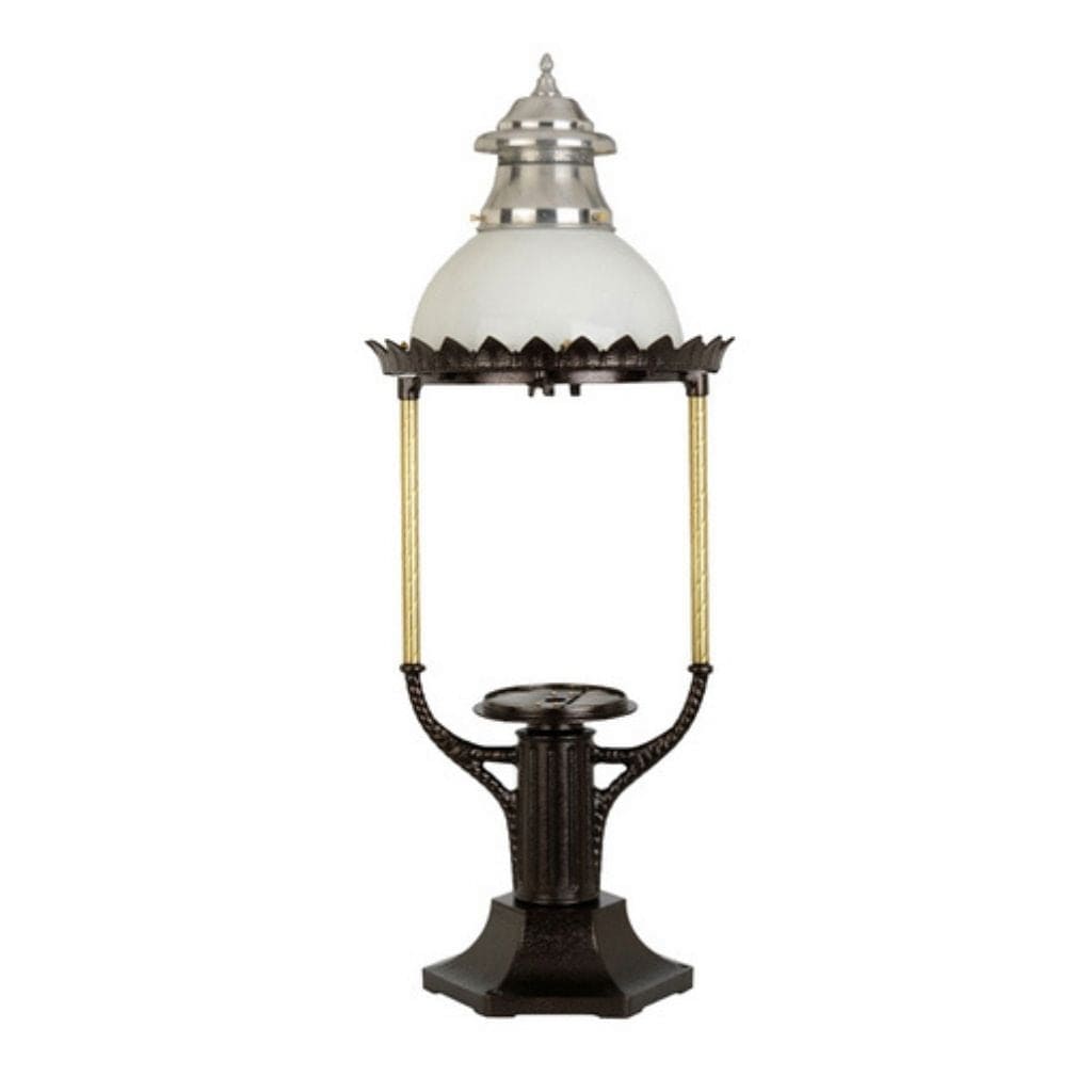 American Gas Lamp Works Boulevard 3600R 18" Noble Bronze Estate Pier Mount Aluminum Propane Gas Lamp With Single Upright Gas Mantle Light Assembly, Milk Glass Globe, Spun Aluminum Ventilator, Spun Aluminum Dome, and Side Arms