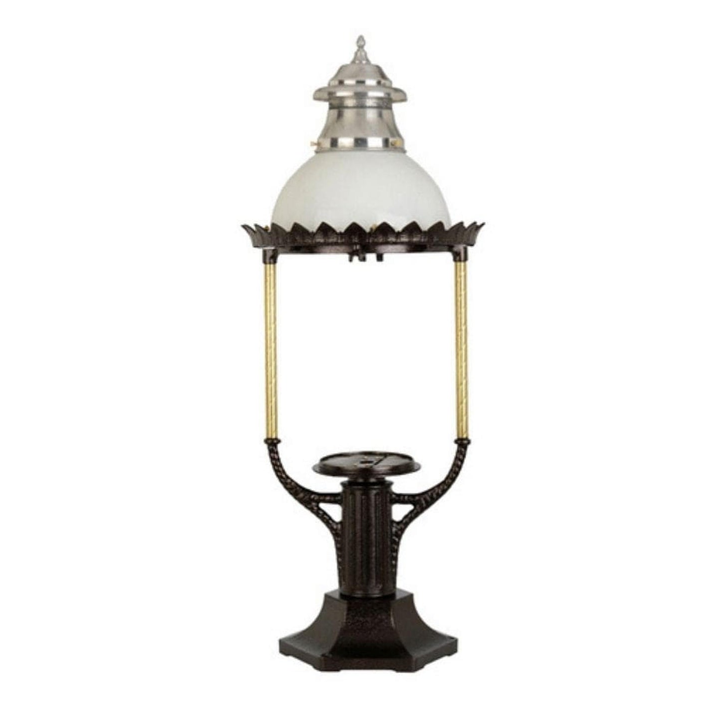 American Gas Lamp Works Boulevard 3600R 18" Timeless Black Estate Pier Mount Aluminum Natural Gas Lamp With Dual Inverted Gas Mantle Light Assembly, Clear Glass Globe, Spun Aluminum Ventilator, Milk Glass Dome and Brass Side Arms