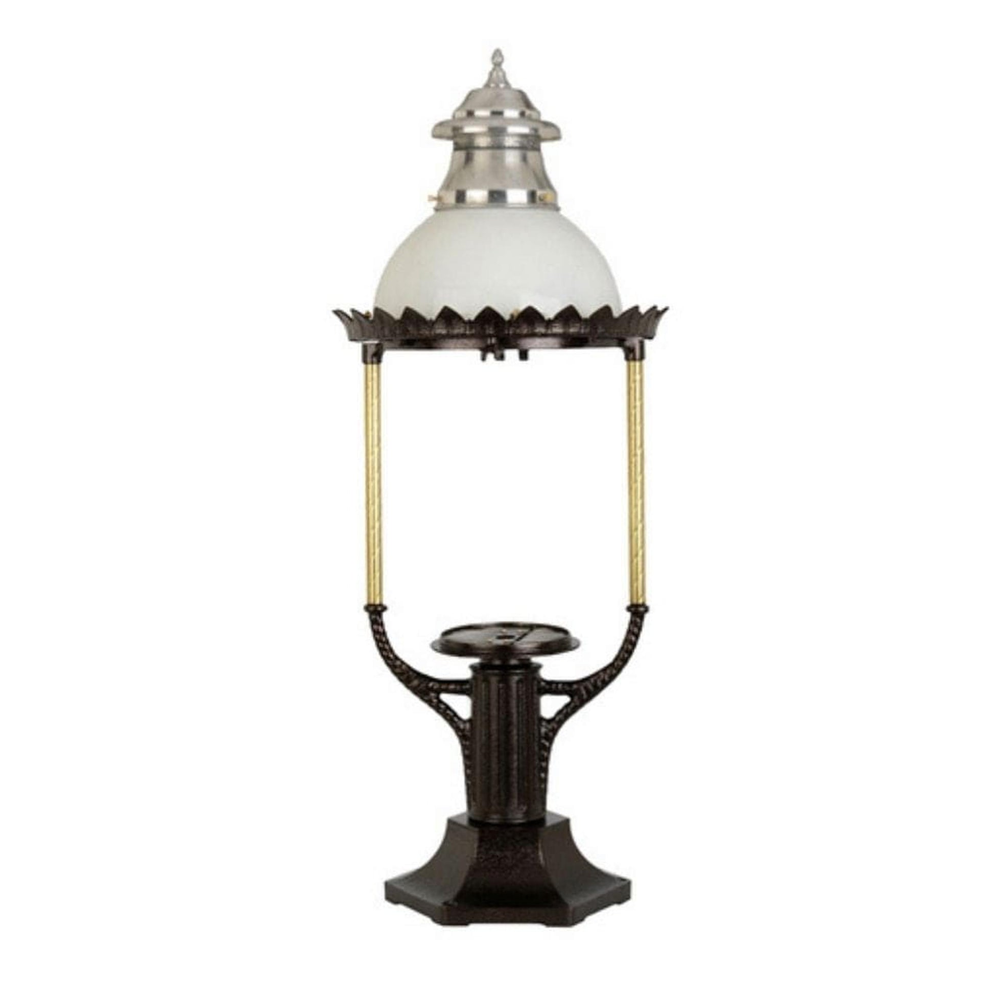 American Gas Lamp Works Boulevard 3600R 18" Timeless Black Estate Pier Mount Aluminum Natural Gas Lamp With Dual Inverted Gas Mantle Light Assembly, Clear Glass Globe, Spun Aluminum Ventilator, Milk Glass Dome and Brass Side Arms
