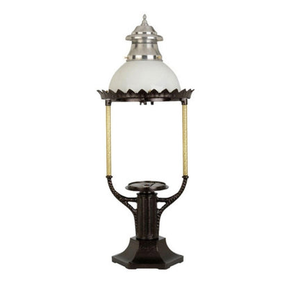 American Gas Lamp Works Boulevard 3600R 18" Timeless Black Estate Pier Mount Aluminum Natural Gas Lamp With Dual Inverted Gas Mantle Light Assembly, Clear Glass Globe, Spun Aluminum Ventilator, Milk Glass Dome and Brass Side Arms
