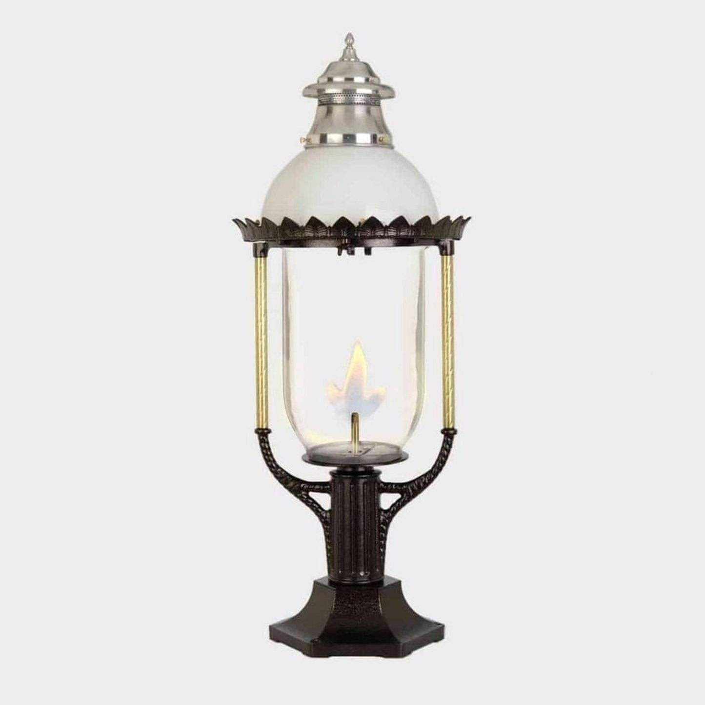 American Gas Lamp Works Boulevard 3600R 18" Timeless Black Estate Pier Mount Aluminum Natural Gas Lamp With Dual Inverted Gas Mantle Light Assembly, Clear Glass Globe, Spun Aluminum Ventilator, Milk Glass Dome and Brass Side Arms