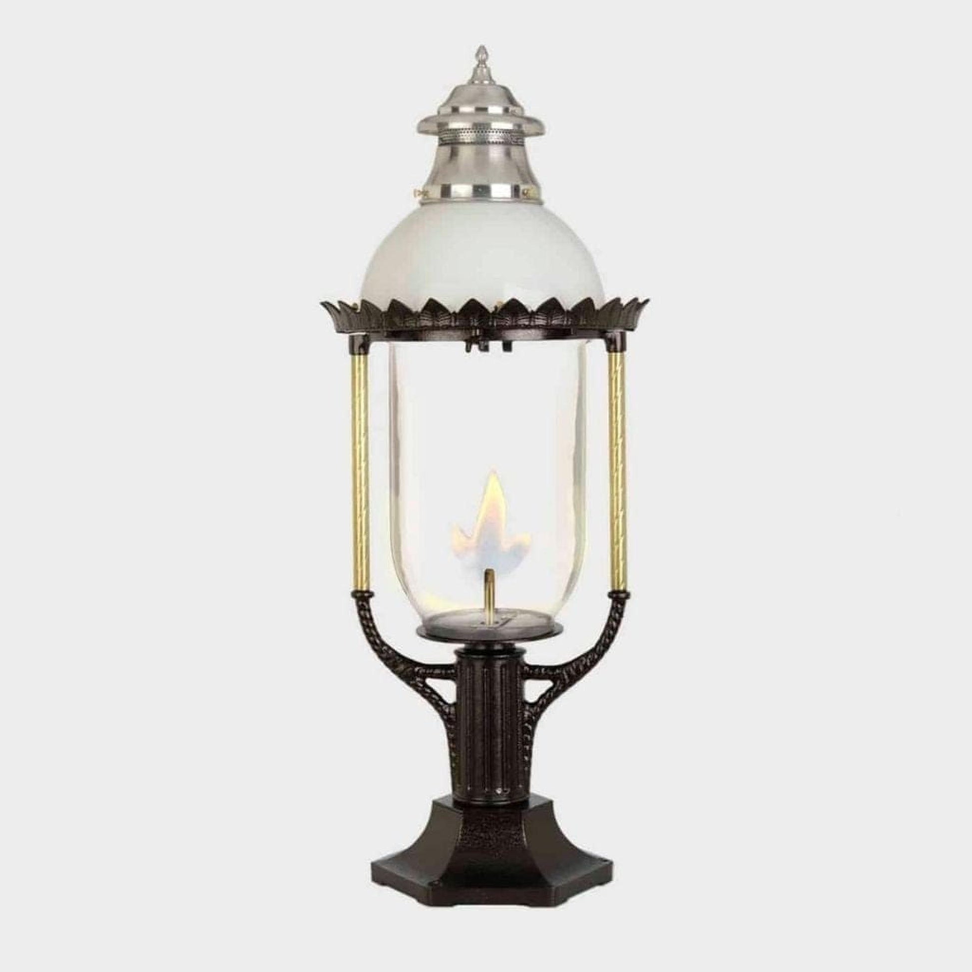 American Gas Lamp Works Boulevard 3600R 18" Timeless Black Estate Pier Mount Aluminum Natural Gas Lamp With Dual Inverted Gas Mantle Light Assembly, Clear Glass Globe, Spun Aluminum Ventilator, Milk Glass Dome and Brass Side Arms