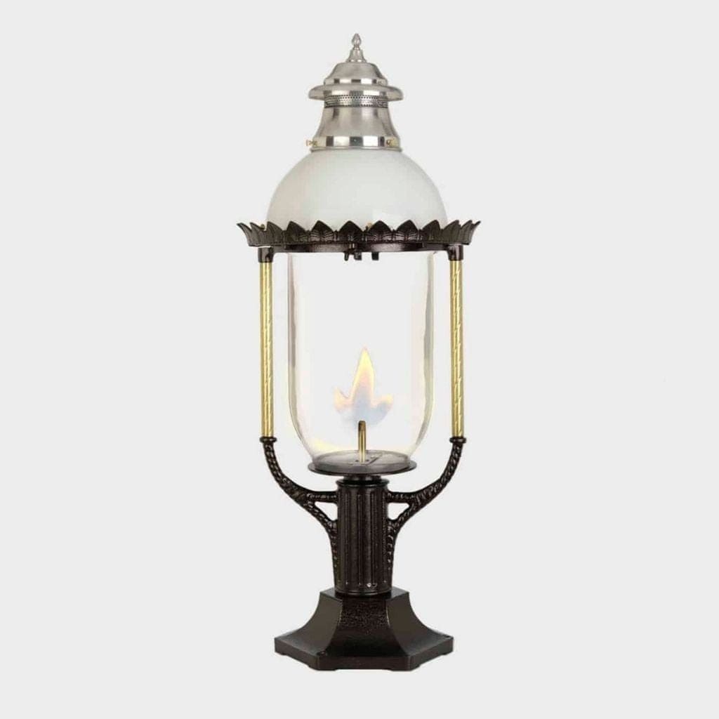 American Gas Lamp Works Boulevard 3600R 18" Timeless Black Estate Pier Mount Aluminum Natural Gas Lamp With Dual Inverted Gas Mantle Light Assembly, Polycarbonate Globe, Ventilator, Spun Aluminum Dome, and Brass Side Arms