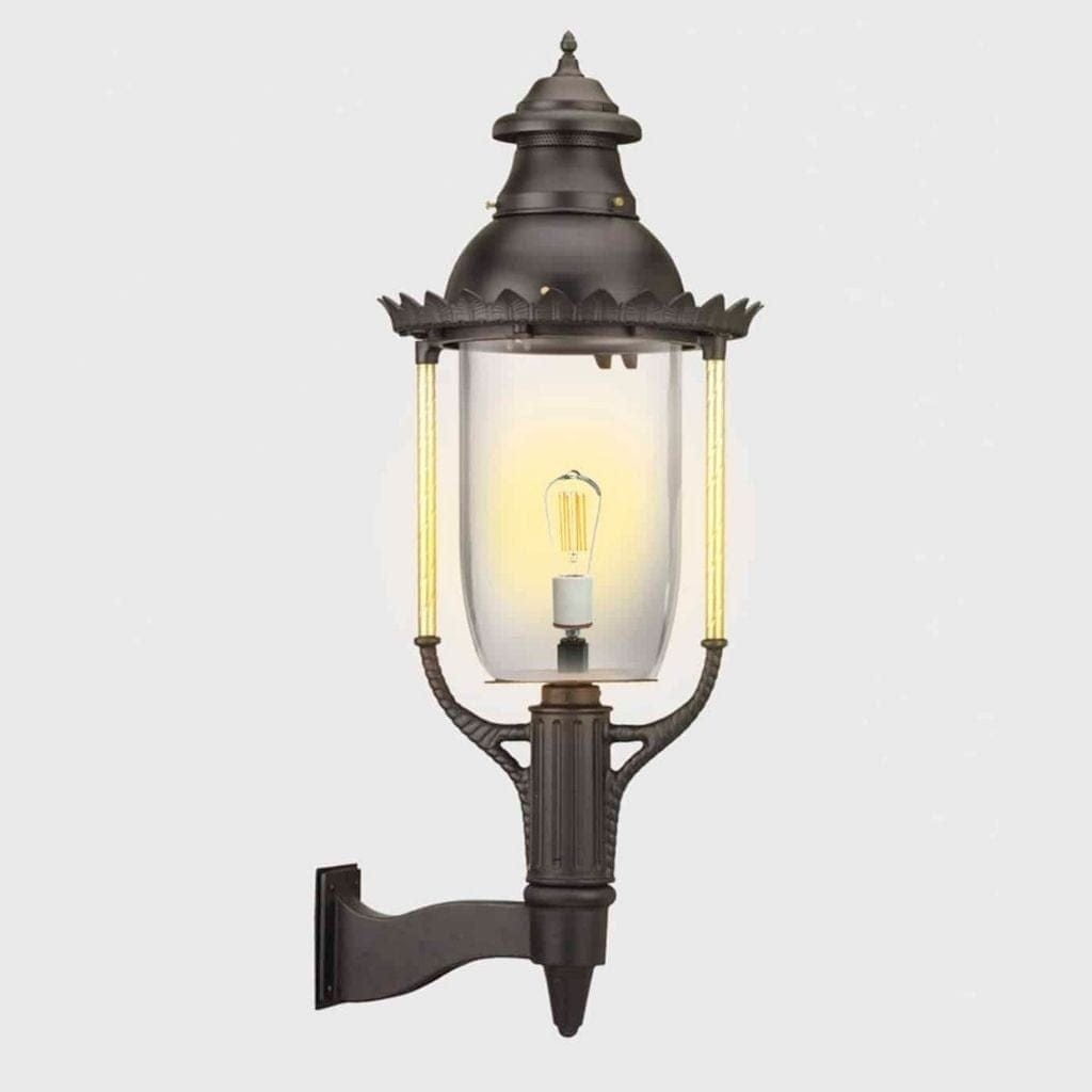 American Gas Lamp Works Boulevard 3600W 21" Noble Bronze Estate Wall Mount Aluminum Natural Gas Lamp With Single Open Flame Burner Light Assembly, Polycarbonate Globe, Ventilator, Dome, and Side Arms