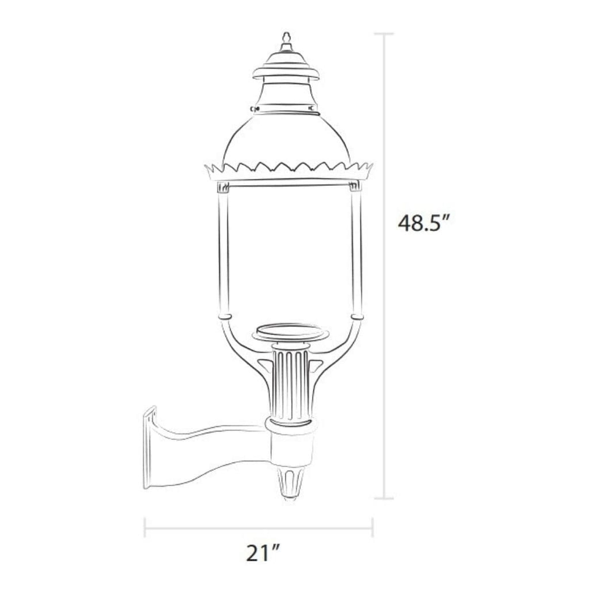 American Gas Lamp Works Boulevard 3600W 21" Timeless Black Estate Wall Mount Aluminum Natural Gas Lamp With Dual Inverted Gas Mantle Light Assembly, Clear Glass Globe, Spun Aluminum Ventilator, Milk Glass Dome and Brass Side Arms