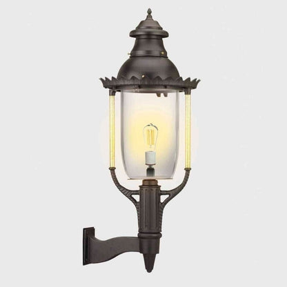 American Gas Lamp Works Boulevard 3600W 21" Weather Green Estate Wall Mount Aluminum Natural Gas Lamp With Single Upright Gas Mantle Light Assembly, Clear Glass Globe, Ventilator, Milk Glass Dome and Brass Side Arms