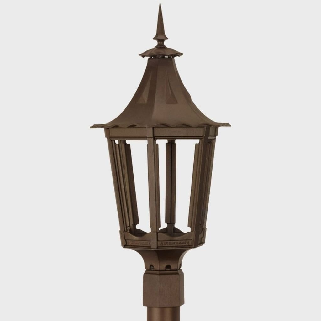 American Gas Lamp Works Cavalier 1400H 13" Timeless Black Residential Post Mount Aluminum Propane Gas Lamp With Triple Inverted Gas Mantle Light Assembly, Frosted Tempered Glass Panes and Small Brass Ball Finial