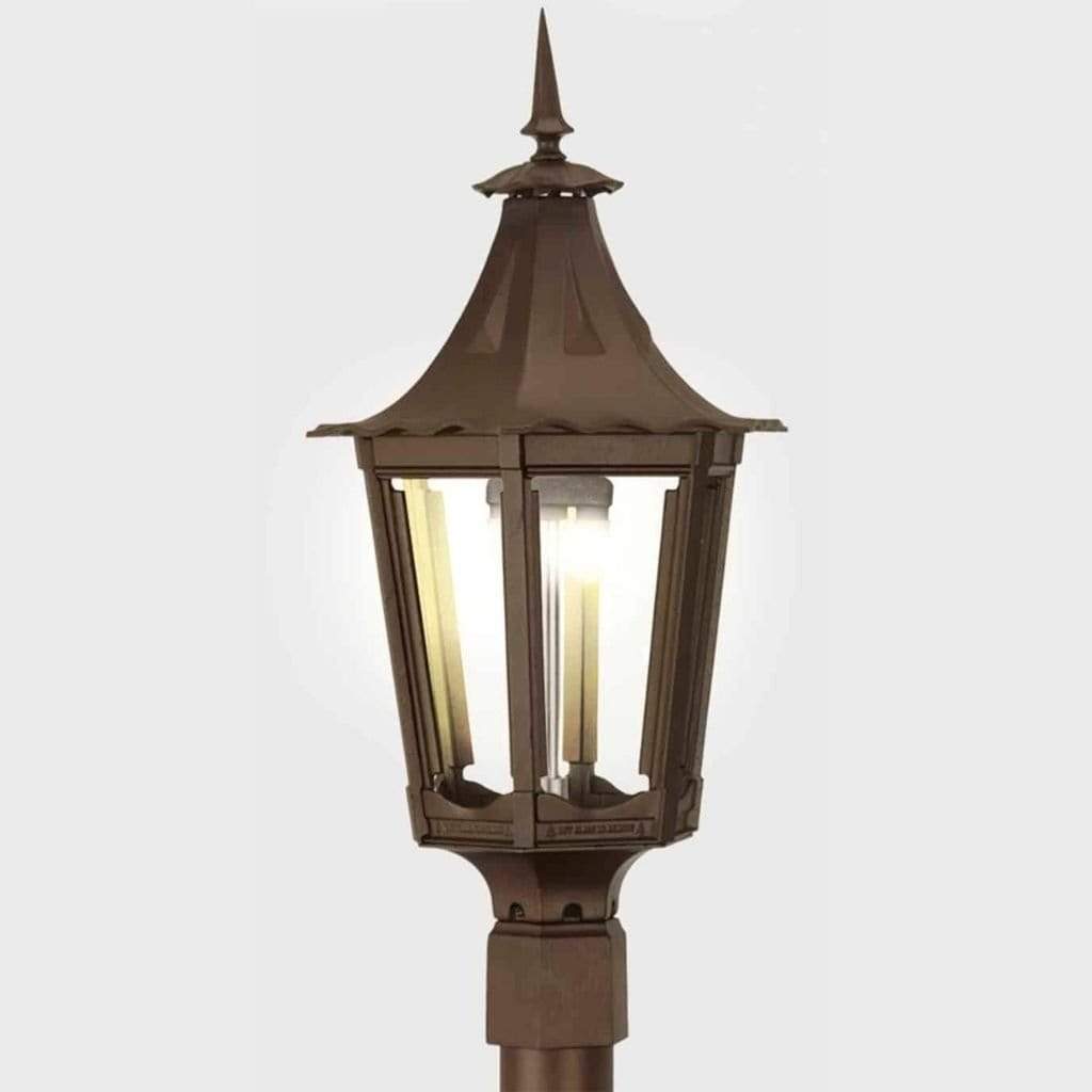 American Gas Lamp Works Cavalier 1400H 13" Timeless Black Residential Post Mount Aluminum Propane Gas Lamp With Triple Inverted Gas Mantle Light Assembly, Frosted Tempered Glass Panes and Small Brass Ball Finial