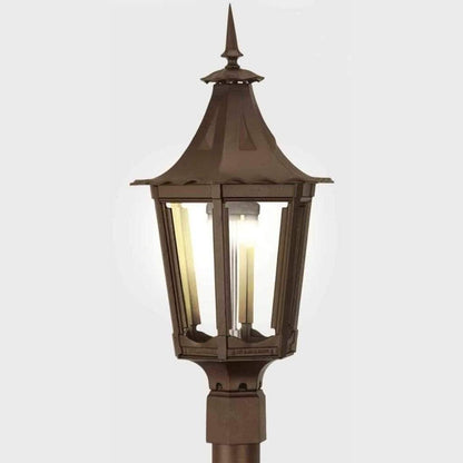 American Gas Lamp Works Cavalier 1400H 13" Timeless Black Residential Post Mount Aluminum Propane Gas Lamp With Triple Inverted Gas Mantle Light Assembly, Frosted Tempered Glass Panes and Small Brass Ball Finial