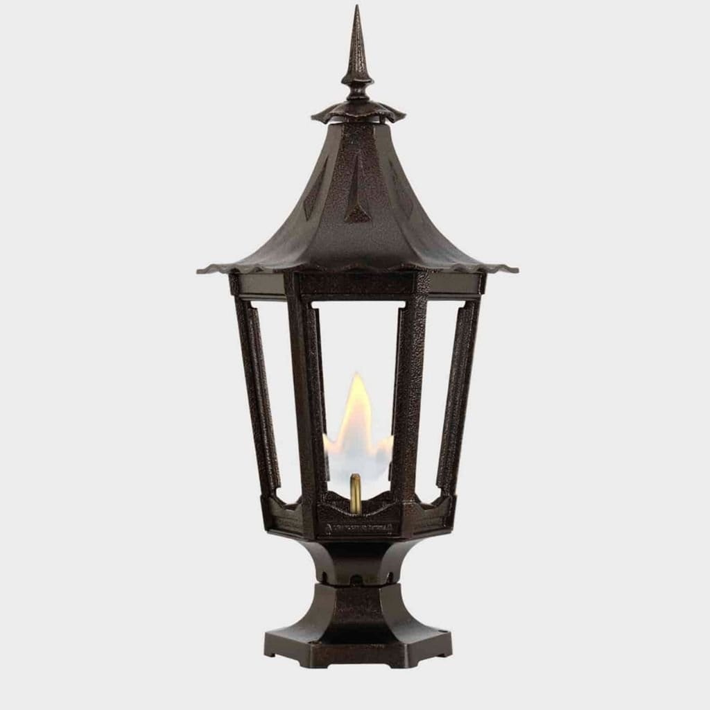 American Gas Lamp Works Cavalier 1400R 13" Nouveau Silver Residential Pier Mount Aluminum Natural Gas Lamp With Dual Open Flame Burner Light Assembly, Frosted Tempered Glass Panes and Brass Urn Finial