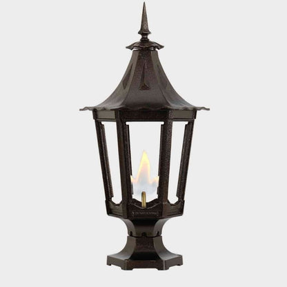 American Gas Lamp Works Cavalier 1400R 13" Nouveau Silver Residential Pier Mount Aluminum Natural Gas Lamp With Dual Open Flame Burner Light Assembly, Frosted Tempered Glass Panes and Brass Urn Finial