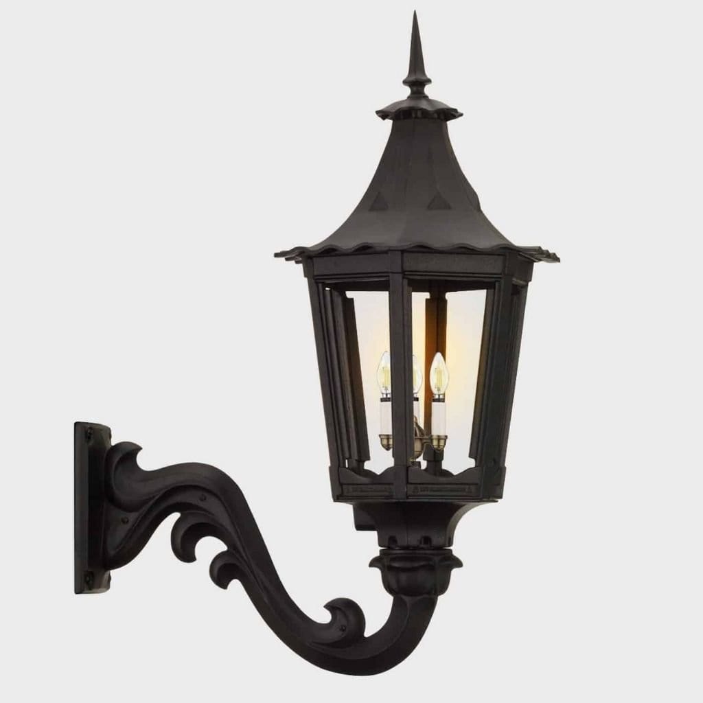 American Gas Lamp Works Cavalier 1400W 21" Timeless Black Residential Wall Mount Aluminum Natural Gas Lamp With Triple Inverted Gas Mantle Light Assembly, Frosted Tempered Glass Panes and Bishop Finial