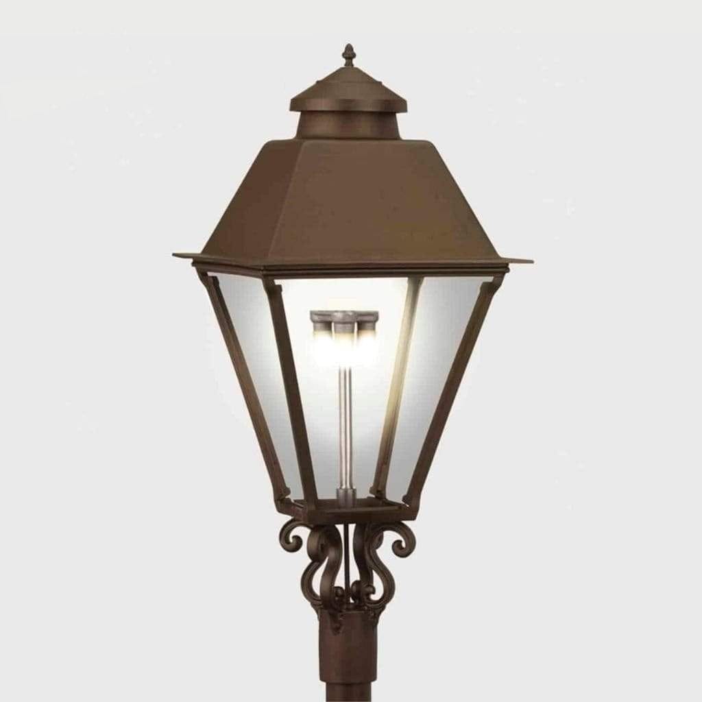 American Gas Lamp Works Coachman 3000H 19" Timeless Black Estate Post Mount Aluminum Propane Gas Lamp With Triple Inverted Gas Mantle Light Assembly, Flat Tempered Glass Panes and Urn Finial
