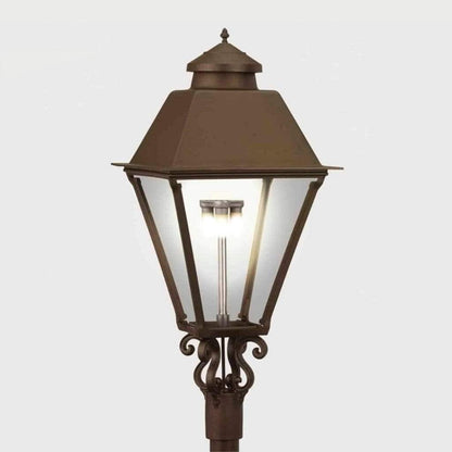American Gas Lamp Works Coachman 3000H 19" White Estate Post Mount Aluminum Natural Gas Lamp With Single Open Flame Burner Light Assembly, Beveled Tempered Glass Panes and Brass Plated Acorn Finial