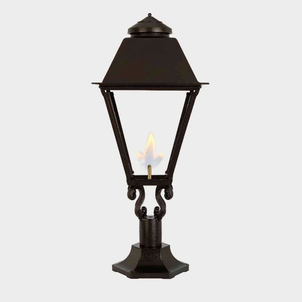 American Gas Lamp Works Coachman 3000R 19" Weather Green Estate Pier Mount Aluminum Natural Gas Lamp With Dual Inverted Gas Mantle Light Assembly, Beveled Tempered Glass Panes and Cast Eagle Finial