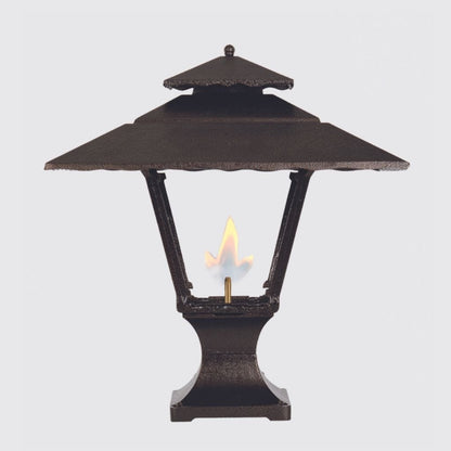 American Gas Lamp Works Contemporary 1800R 19" Weather Green Residential Pier Mount Aluminum Natural Gas Lamp With Single Open Flame Burner With Electric Igniter Light Assembly, Beveled Tempered Glass Panes and Small Ball Finial