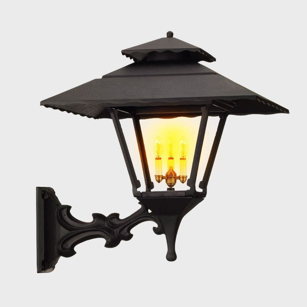 American Gas Lamp Works Contemporary 1800R 22" Nouveau Silver Residential Wall Mount Aluminum Propane Gas Lamp With Single Upright Gas Mantle Light Assembly, Flat Tempered Glass Panes and Fleur De Lis Finial