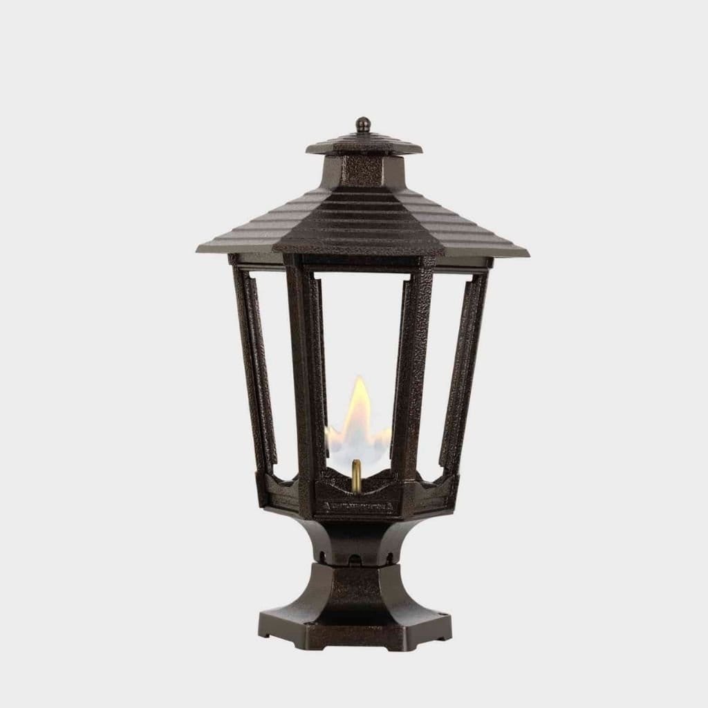 American Gas Lamp Works Cosmopolitan 1600R 14" Noble Bronze Residential Pier Mount Aluminum Natural Gas Lamp With Single Open Flame Burner Light Assembly, Frosted Tempered Glass Panes and Brass Urn Finial