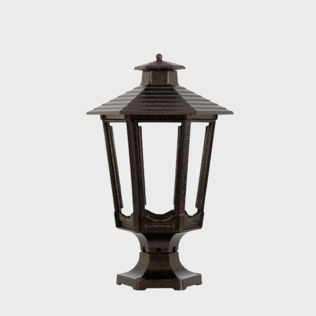 American Gas Lamp Works Cosmopolitan 1600R 14" Noble Bronze Residential Pier Mount Aluminum Natural Gas Lamp With Single Open Flame Burner With Electric Igniter Light Assembly, Beveled Tempered Glass Panes and Small Brass Ball Finial