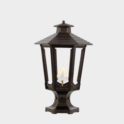 American Gas Lamp Works Cosmopolitan 1600R 14" Weather Green Residential Pier Mount Aluminum Propane Gas Lamp With Single Upright Gas Mantle Light Assembly, Frosted Tempered Glass Panes and Urn Finial