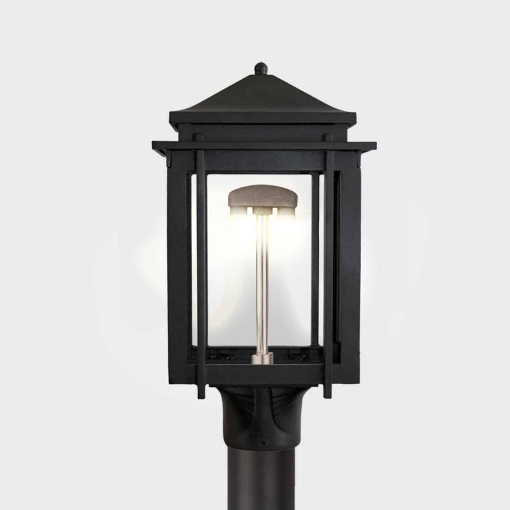 American Gas Lamp Works Craftsman 1100H 8" Charcoal Gray Residential Post Mount Aluminum Propane Gas Lamp With Dual Inverted Gas Mantle Light Assembly, Flat Tempered Glass Panes and Loop Finial