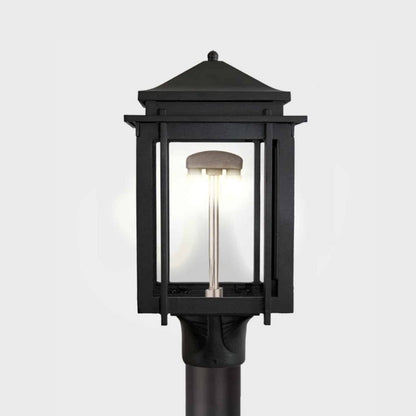 American Gas Lamp Works Craftsman 1100H 8" Noble Bronze Residential Post Mount Aluminum Propane Gas Lamp With Dual Inverted Gas Mantle Light Assembly, Flat Tempered Glass Panes and Fleur De Lis Finial